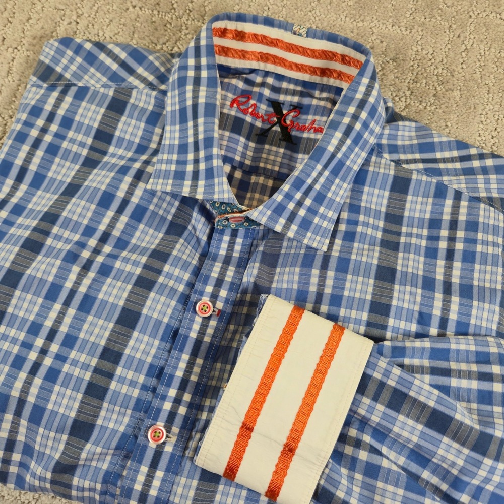 Robert Graham Tailored Fit Plaid Button Down Shirt Orange Trim Size 2XL *Flaw‎